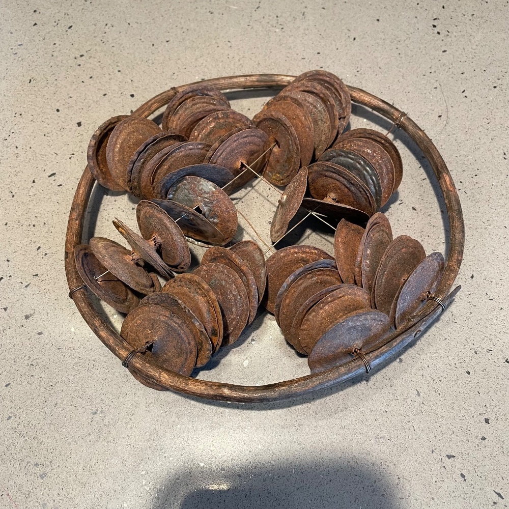 Vintage primitive handmade wood and wire tambourine
